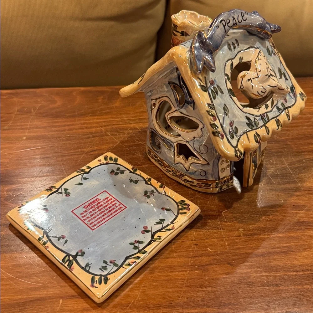 NWOT Blue Sky Ceramic May Peace Live In Your Home Dove 2 Pc Candle Holder 2001